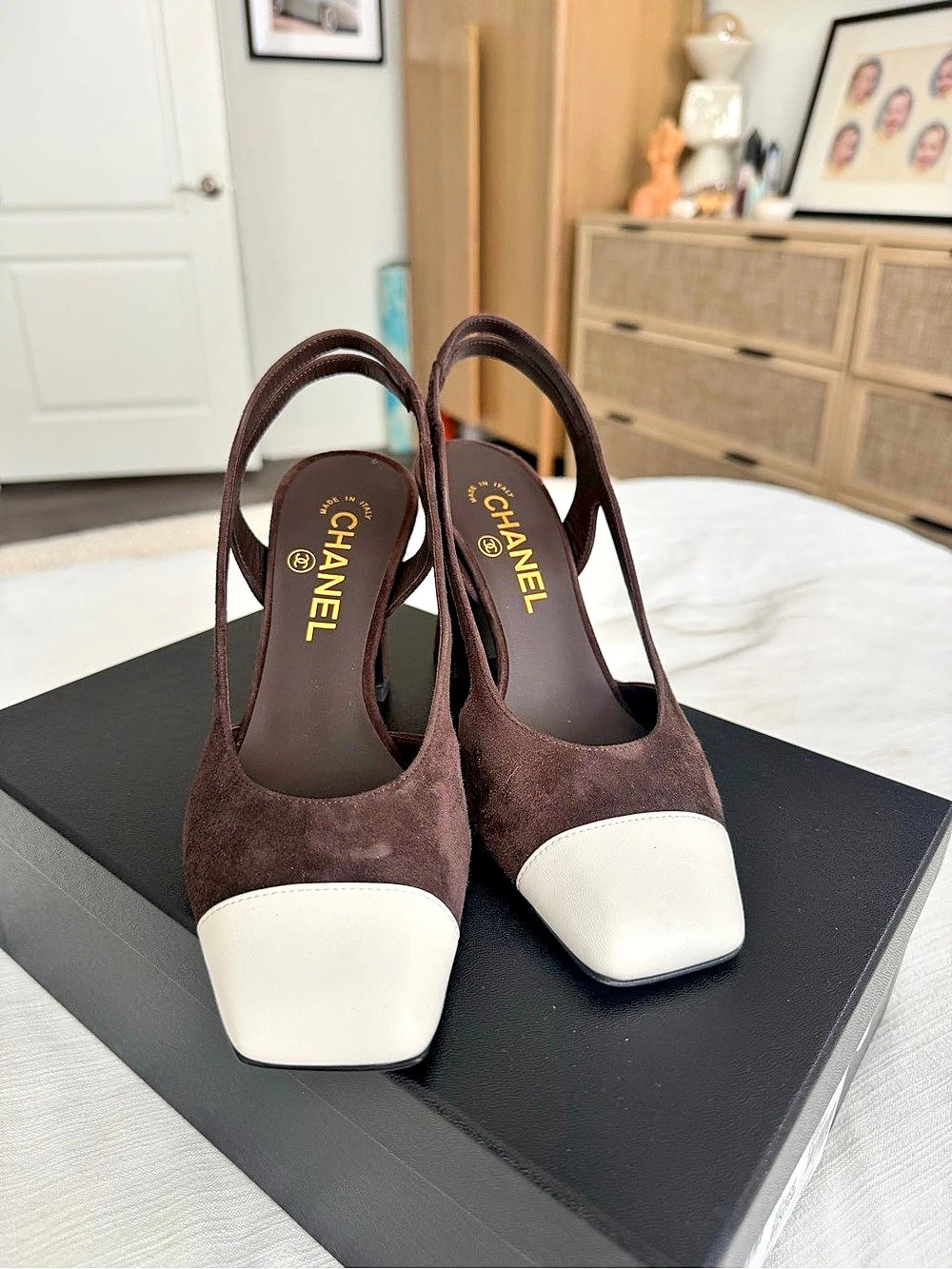Chanel Suede and Lambskin Slingbacks Brown White EU 36.5